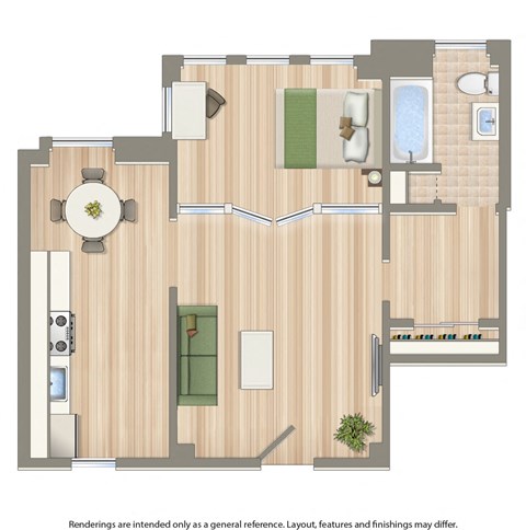 rendering of studio apartment floor plan at the dahlia apartment building in washington dc